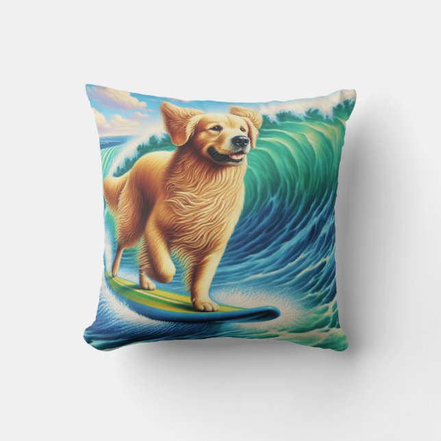 Surfing Golden Retriever Cushion (Front)