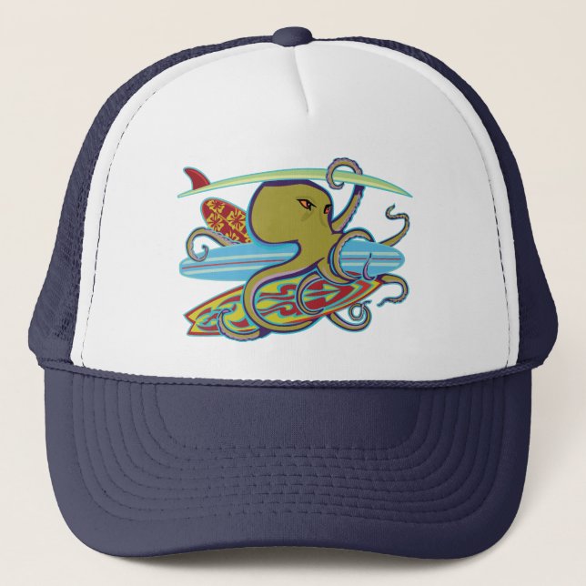 Surfing Halloween Octopus Trucker Hat (Front)