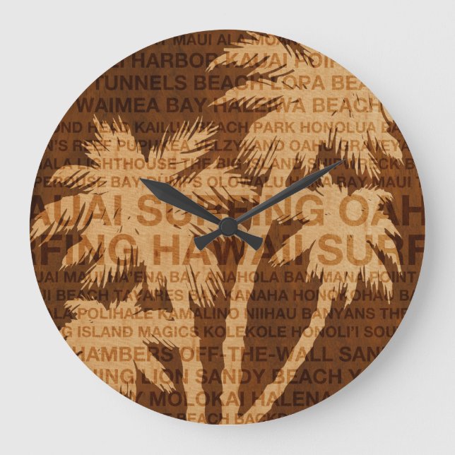 Surfing Hawaii Palm Trees Faux Wood Clock (Front)