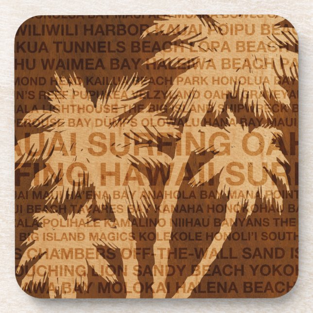 Surfing Hawaii Palm Trees Faux Wood Coasters (Front)