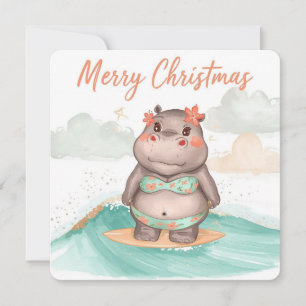 Surfing Hippo Bikini Christmas  Holiday Card
