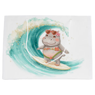 Surfing Hippo Christmas Bikini on big wave Large Gift Bag