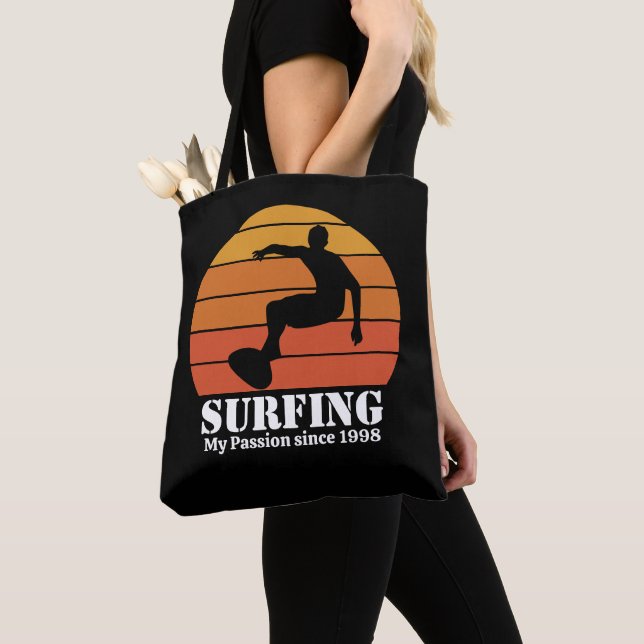 Surfing Hobby Retro Sunset Personalise Tote Bag (Close Up)