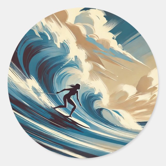 Surfing in Mavericks California Surfer Girl Wave Classic Round Sticker (Front)