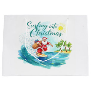 Surfing into Christmas with Santa Surfer  Large Gift Bag
