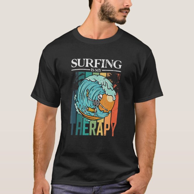 Surfing Is My Therapy  Retro 80s Skeleton Surf T-Shirt (Front)