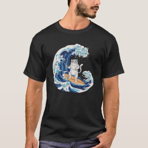 Surfing Japanese Cat Riding A Wave Eating Sushi T-Shirt