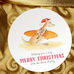 Surfing kangaroo cute watercolor Christmas Classic Round Sticker
