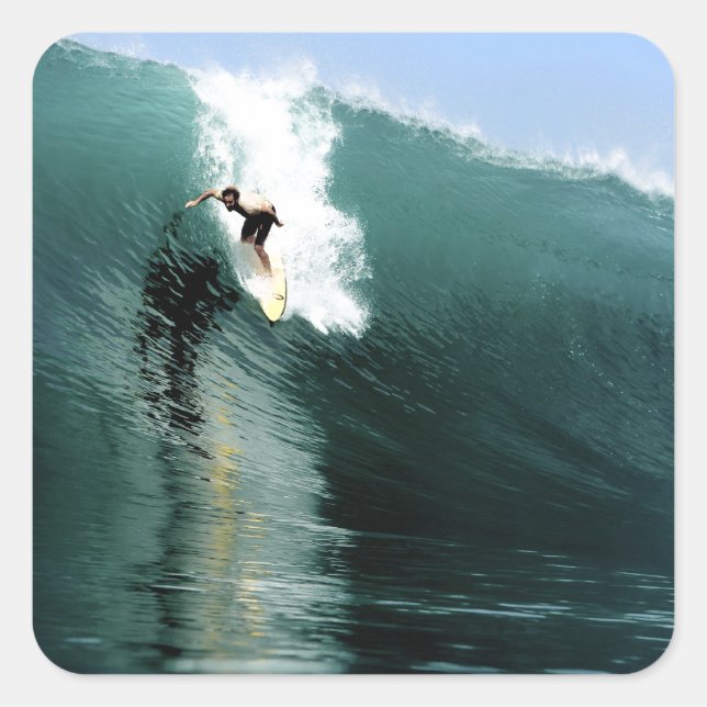 Surfing large green extreme surfing wave square sticker (Front)