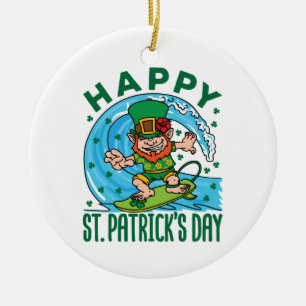 Surfing Leprechaun Hawaiian St Patricks Day Ceramic Ornament