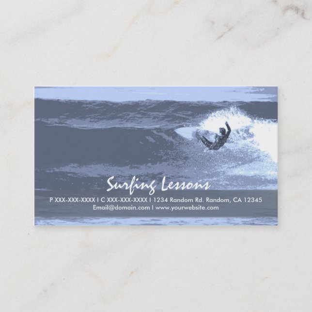Surfing lessons blue customisable business cards (Front)
