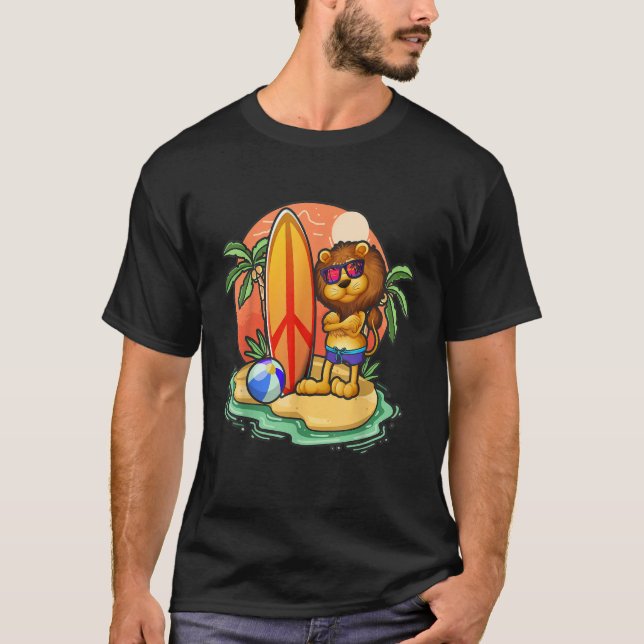 Surfing Lion  Beach Vacation Animal Graphic T-Shirt (Front)