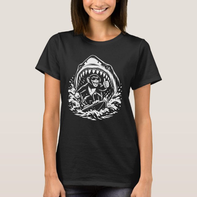 Surfing Monkey in Shark Wave T-Shirt (Front)