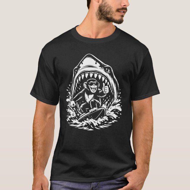Surfing Monkey in Shark Wave T-Shirt (Front)