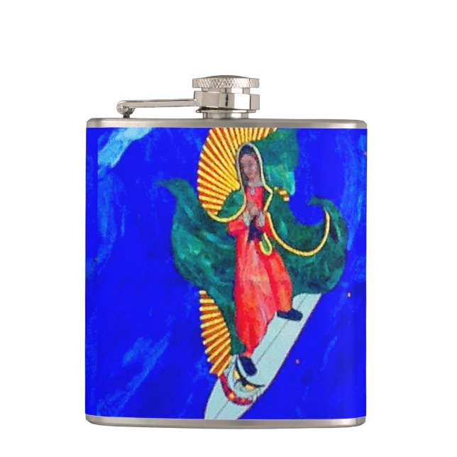 surfing nun on blue wave hip flask (Front)
