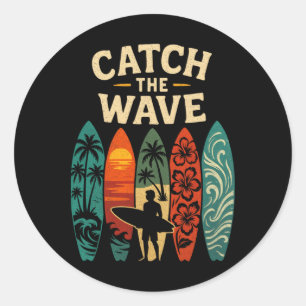 Surfing Ocean Summer Beach Waves Surfboard  Classic Round Sticker