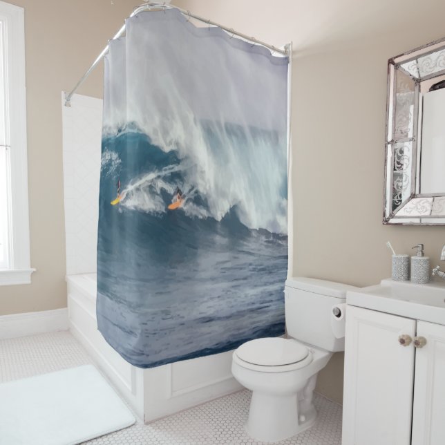 Surfing Ocean Wave Curl  Two surfers in blue ocean Shower Curtain (In Situ)