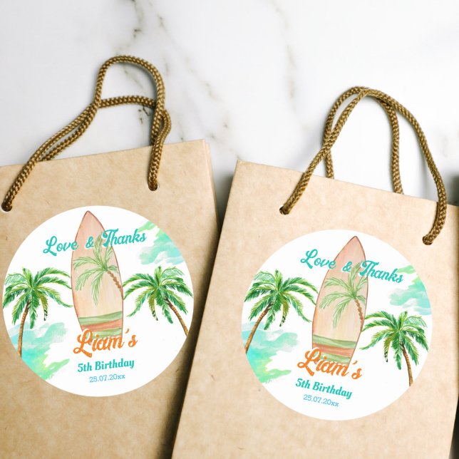 Surfing party thank you favour beach ocean summer  classic round sticker (Creator Uploaded)