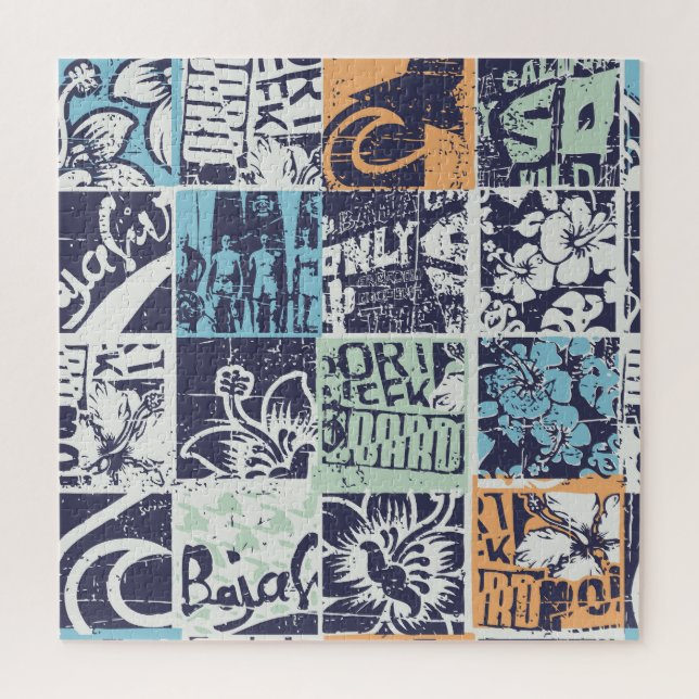Surfing patchwork: grunge vintage pattern jigsaw puzzle (Vertical)