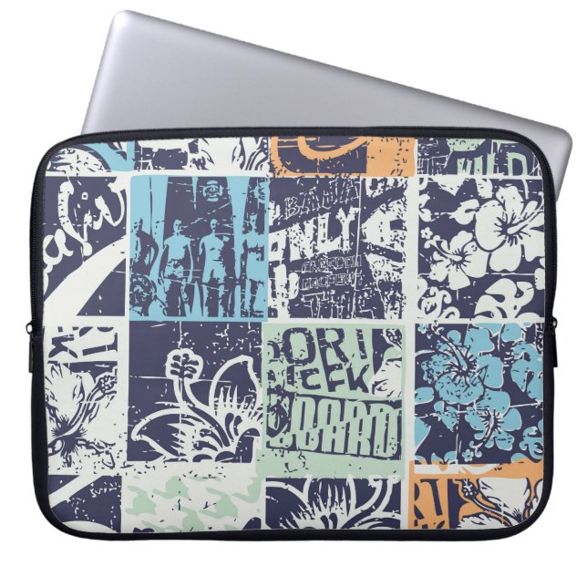 Surfing patchwork: grunge vintage pattern laptop sleeve (Front)