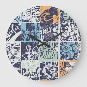 Surfing patchwork: grunge vintage pattern large clock