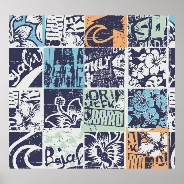 Surfing patchwork: grunge vintage pattern poster (Front)