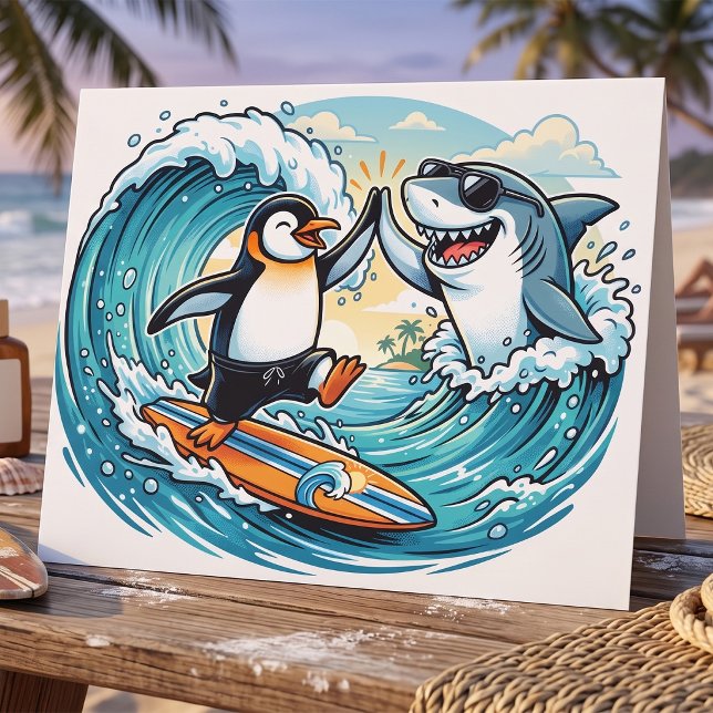 Surfing Penguin and Shark High Five Card (Creator Uploaded)