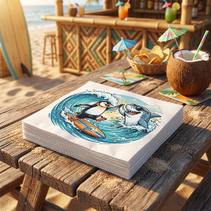 Surfing Penguin and Shark High Five Napkin
