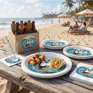 Surfing Penguin and Shark High Five Paper Plate