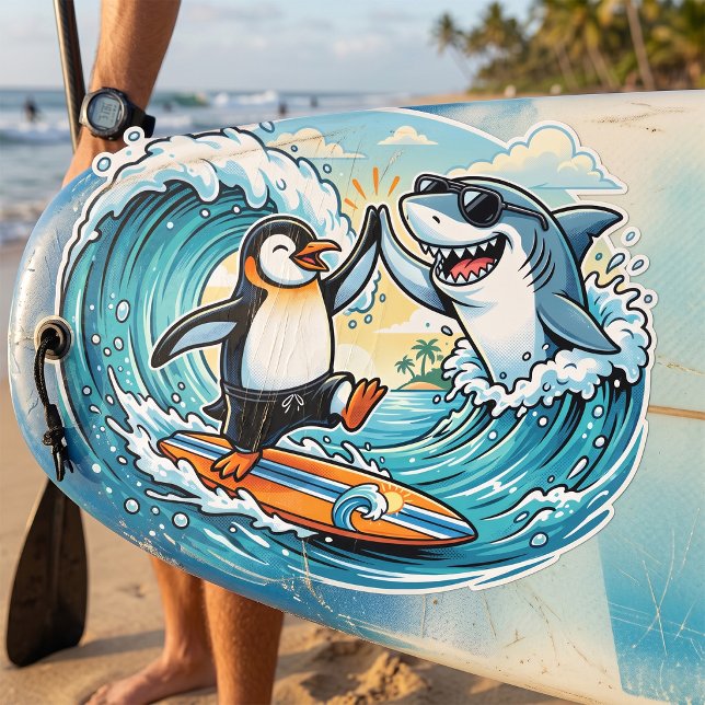 Surfing Penguin and Shark High Five Square Sticker (Creator Uploaded)