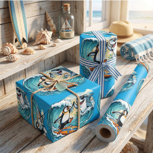 Surfing Penguin and Shark High Five Wrapping Paper