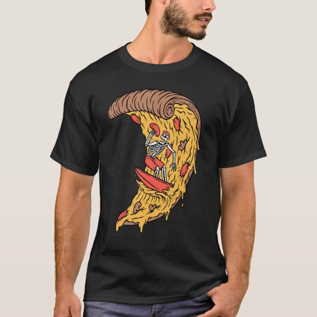 Surfing Pizza Slice Skeleton Skull Pepperoni Pizza T-Shirt (Front)