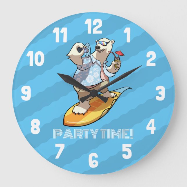 Surfing Polar Bear Funny Party Time! Cartoon Large Clock (Front)