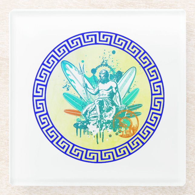 Surfing Poseidon Glass Coaster (Front)