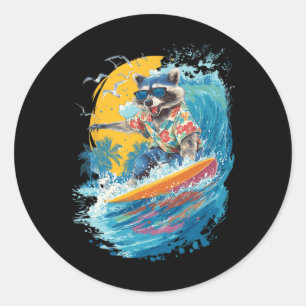 Surfing Raccoon Funny Summer Tropical Beach Vibes Classic Round Sticker