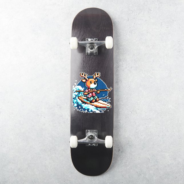 Surfing Reindeer - Funny Pixel Art Holiday Design (Skateboard)
