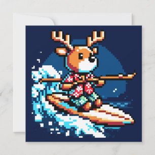 Surfing Reindeer - Funny Pixel Art Holiday Design Invitation