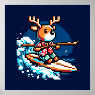 Surfing Reindeer - Funny Pixel Art Holiday Design Poster