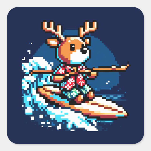 Surfing Reindeer - Funny Pixel Art Holiday Design Square Sticker (Front)