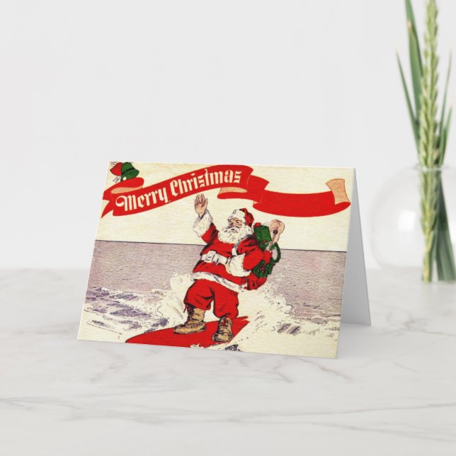 Surfing Retro Santa Greeting Card (Front)