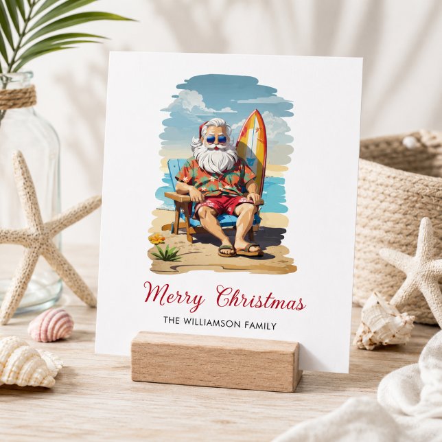 Surfing Santa Beach Christmas Holiday Card (Add Family Name & message on reverse to customize)