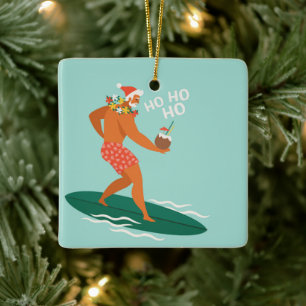 Surfing Santa Ceramic Ornament