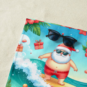 Surfing Santa Christmas with Santa Surfer Beach Towel