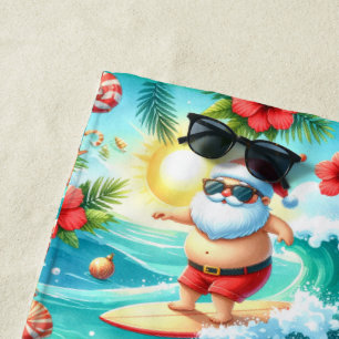 Surfing Santa Christmas with Santa Surfer Beach Towel