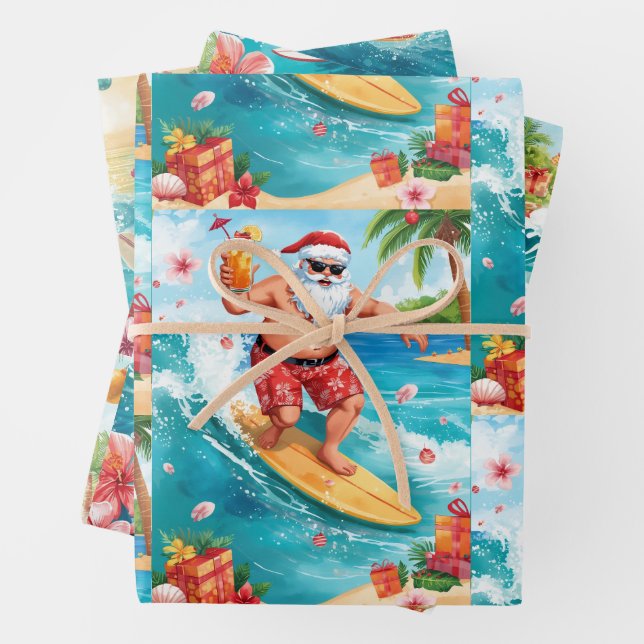 Surfing Santa Christmas  Wrapping Paper Sheet (In situ)