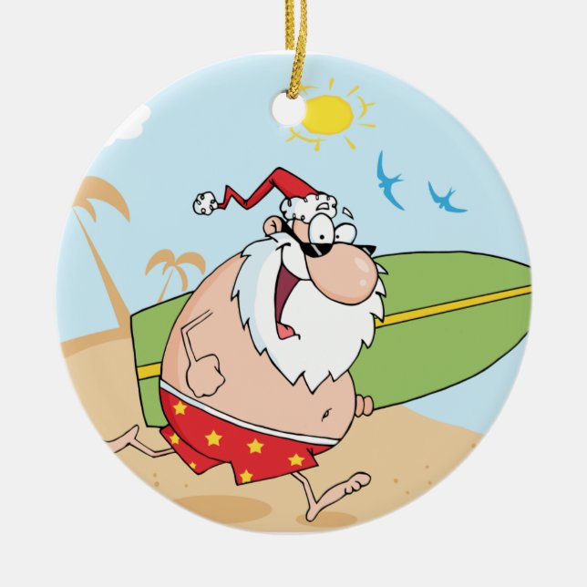 Surfing Santa Claus Ceramic Ornament (Front)
