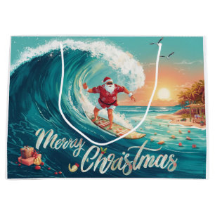 Surfing Santa Claus Christmas Holiday  Large Gift Bag