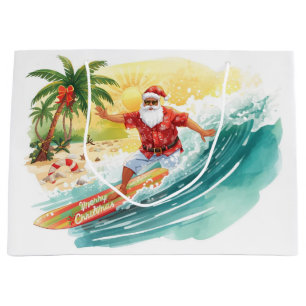 Surfing Santa Claus Christmas Holiday Large Gift Bag