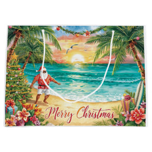 Surfing Santa Claus Christmas Holiday  Large Gift Bag