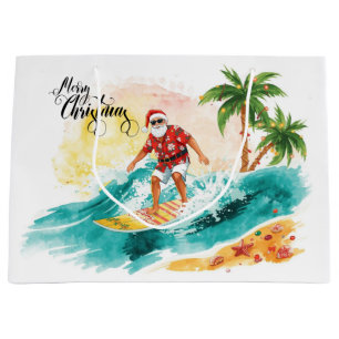 Surfing Santa Claus Christmas Holiday  Large Gift Bag